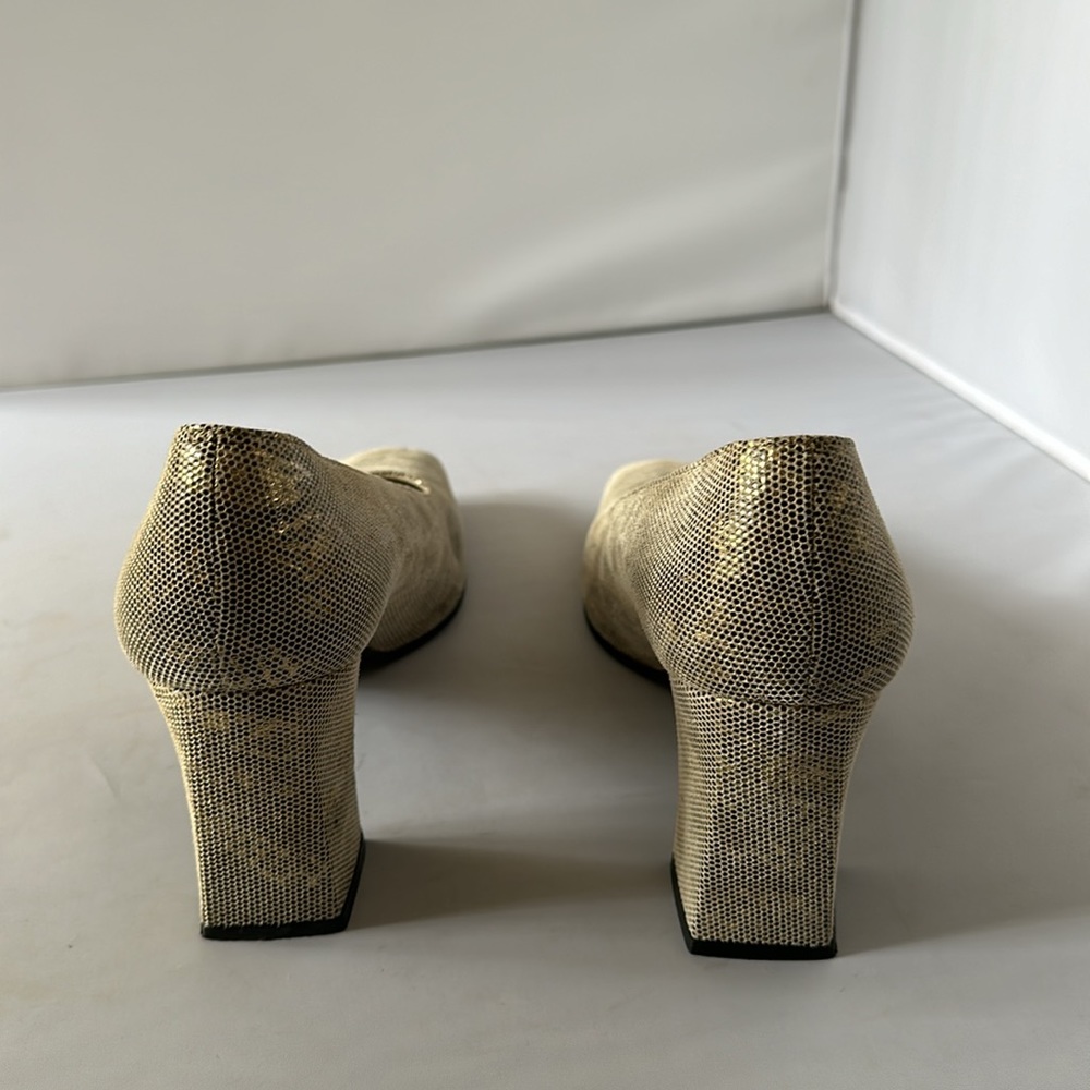 STUART WEITZMAN: Vintage 90s Champagne Faux Snakeskin Chunky Heels Size 9 (EEEE) - Picture 7 of 9